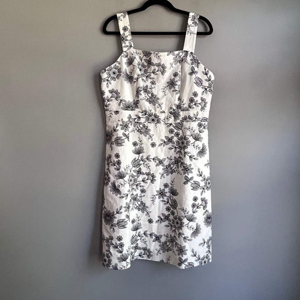 Ann Taylor Petite White Black Floral Cotton Linen Dress 10P